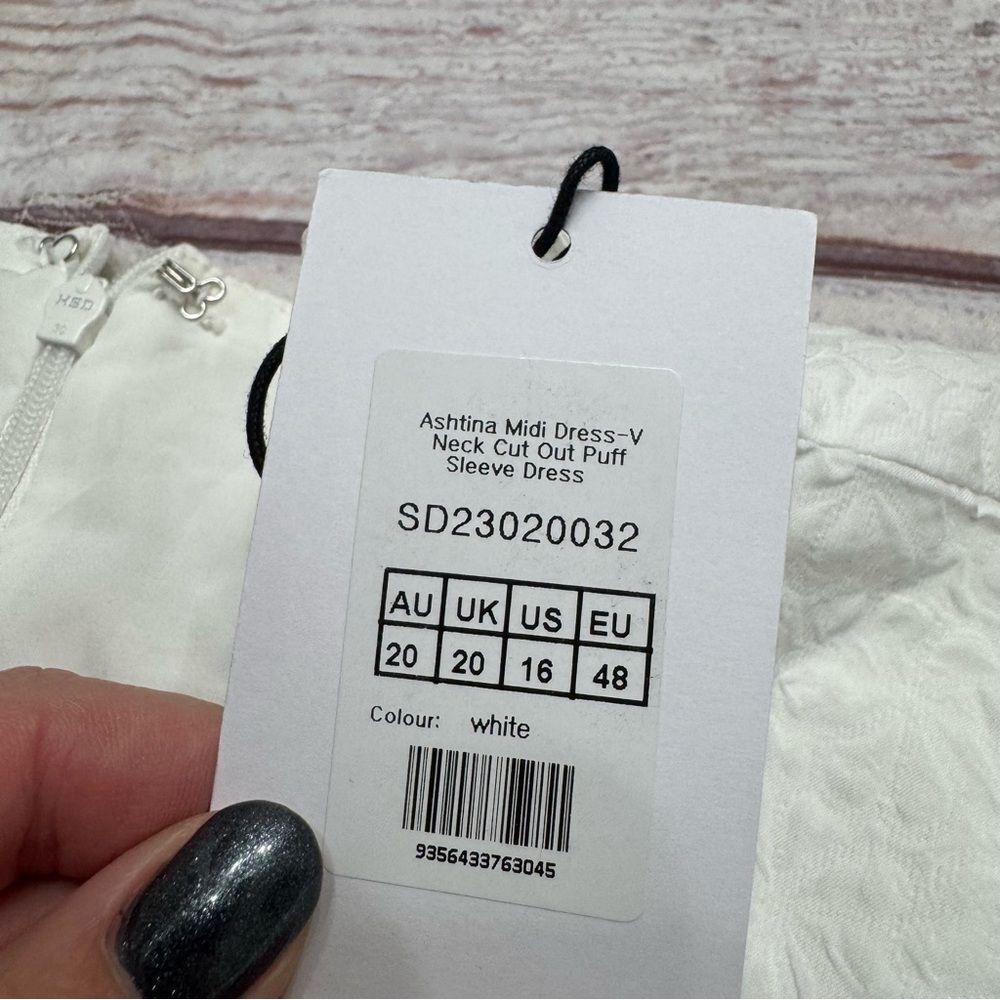 ShowPo Ashtina Midi Dress-V Neck Cut Out Puff Sleeve Dress in White Size 16 NEW - Picture 12 of 12